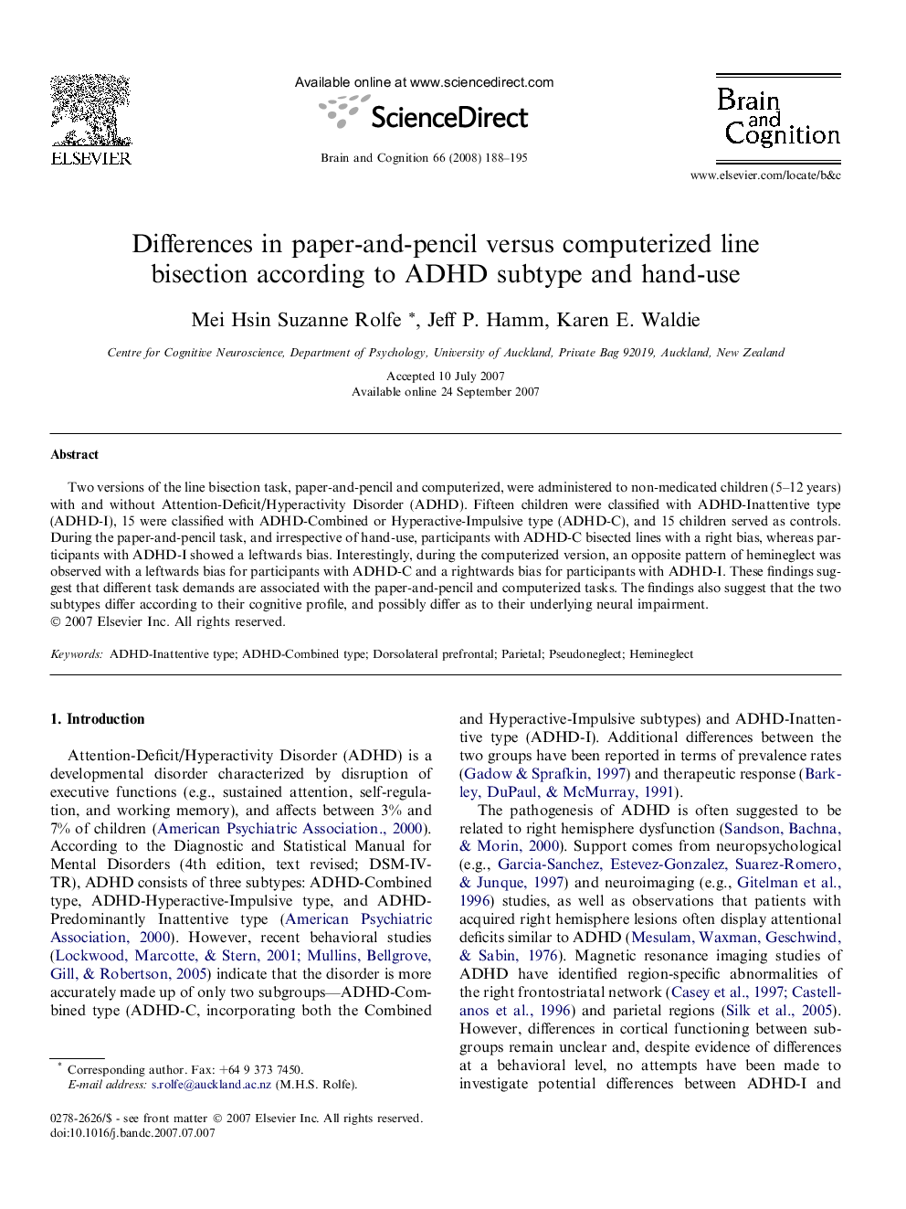 Differences in paper-and-pencil versus computerized line bisection according to ADHD subtype and hand-use