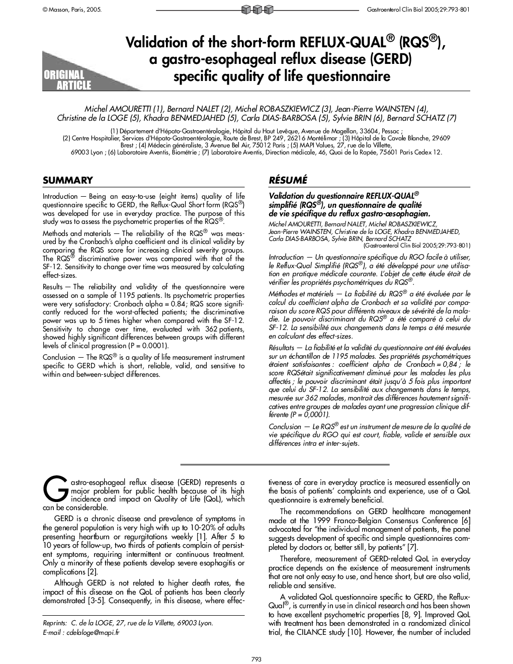 Validation of the short-form REFLUX-QUAL® (RQS®), a gastro-esophageal reflux disease (GERD) specific quality of life questionnaire