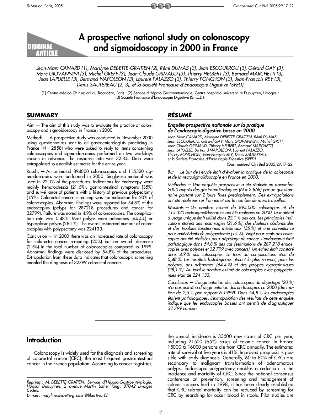 A prospective national study on colonoscopy and sigmoidoscopy in 2000 in France