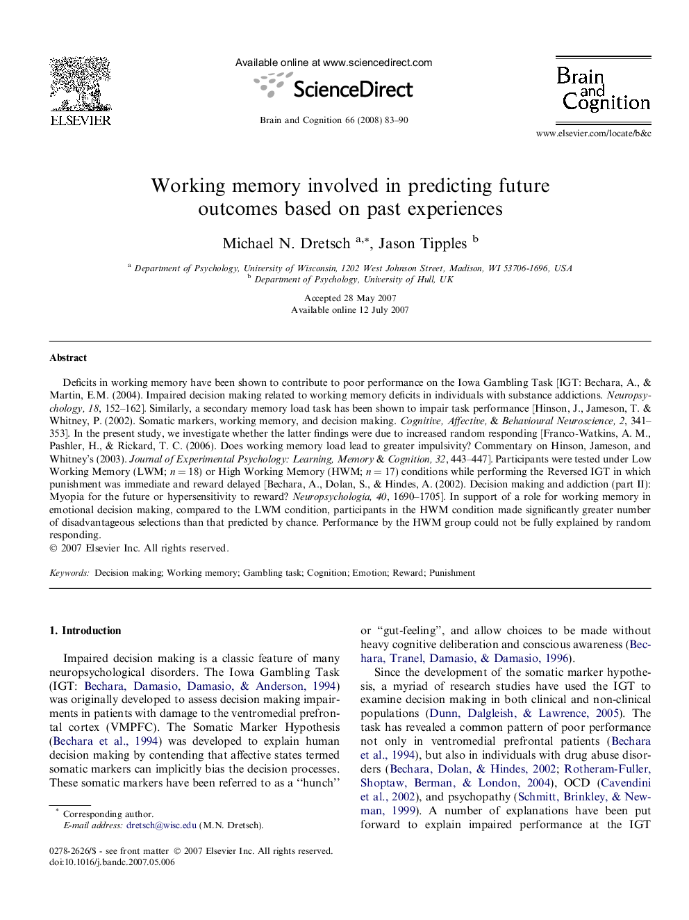 Working memory involved in predicting future outcomes based on past experiences