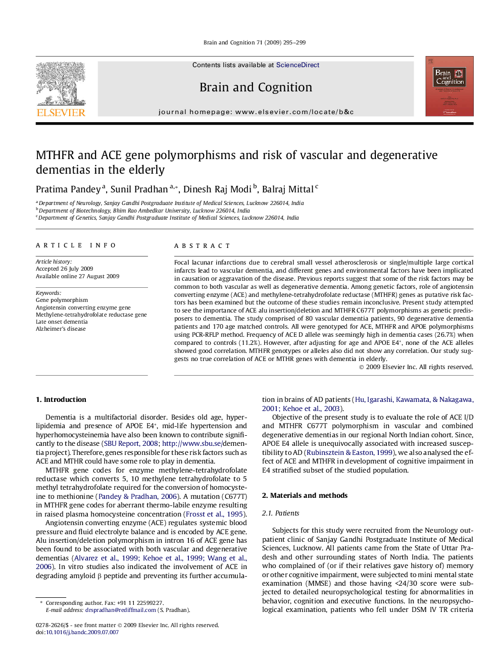 MTHFR and ACE gene polymorphisms and risk of vascular and degenerative dementias in the elderly