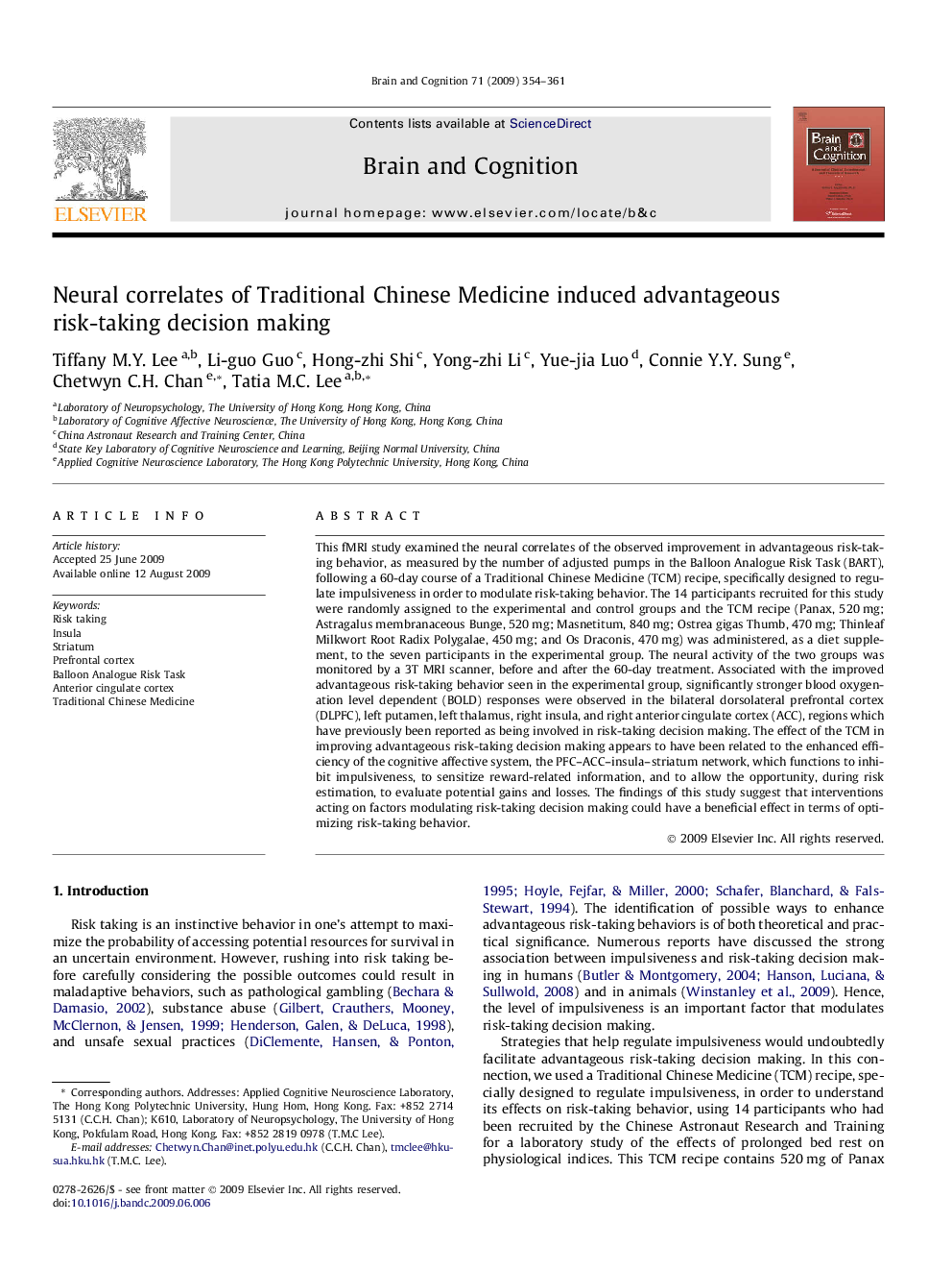 Neural correlates of Traditional Chinese Medicine induced advantageous risk-taking decision making