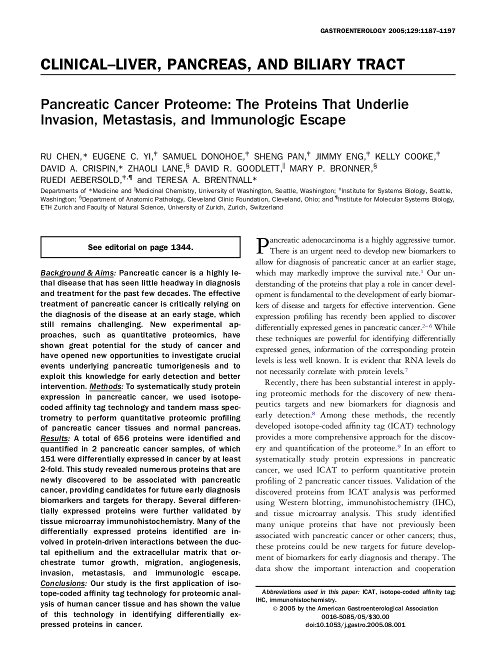 Pancreatic Cancer Proteome: The Proteins That Underlie Invasion, Metastasis, and Immunologic Escape