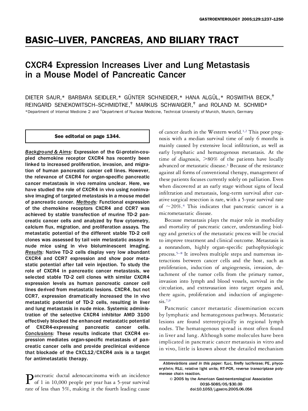 CXCR4 Expression Increases Liver and Lung Metastasis in a Mouse Model of Pancreatic Cancer