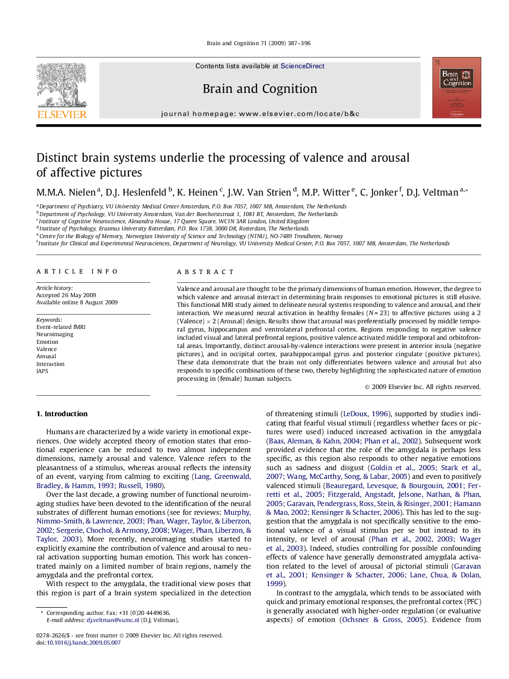 عکس صفحه اول مقاله: Distinct brain systems underlie the processing of valence and arousal of affective pictures Distinct brain systems underlie the processing of valence and arousal of affective pictures