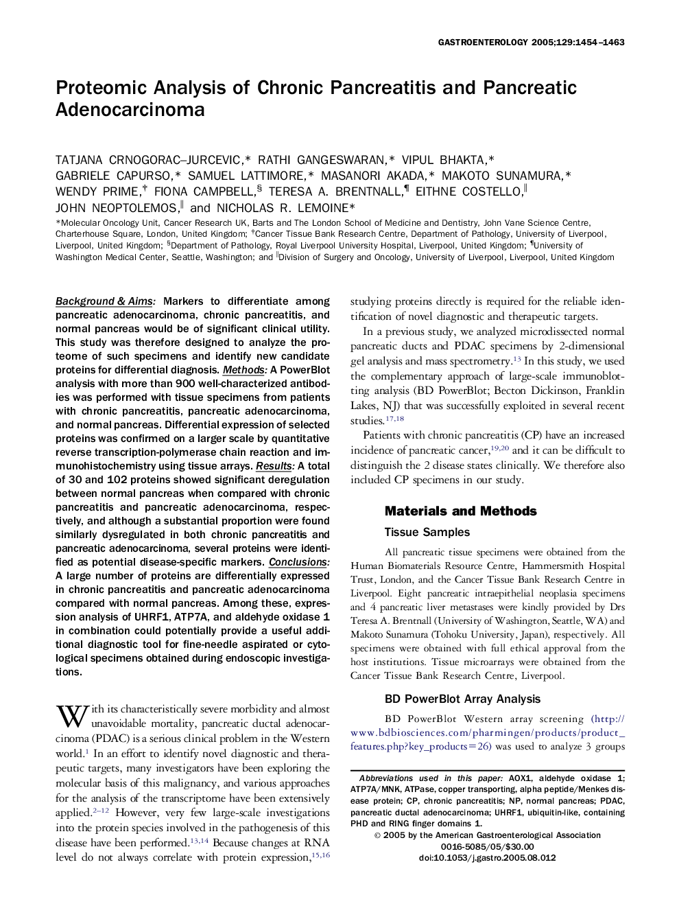 Proteomic Analysis of Chronic Pancreatitis and Pancreatic Adenocarcinoma