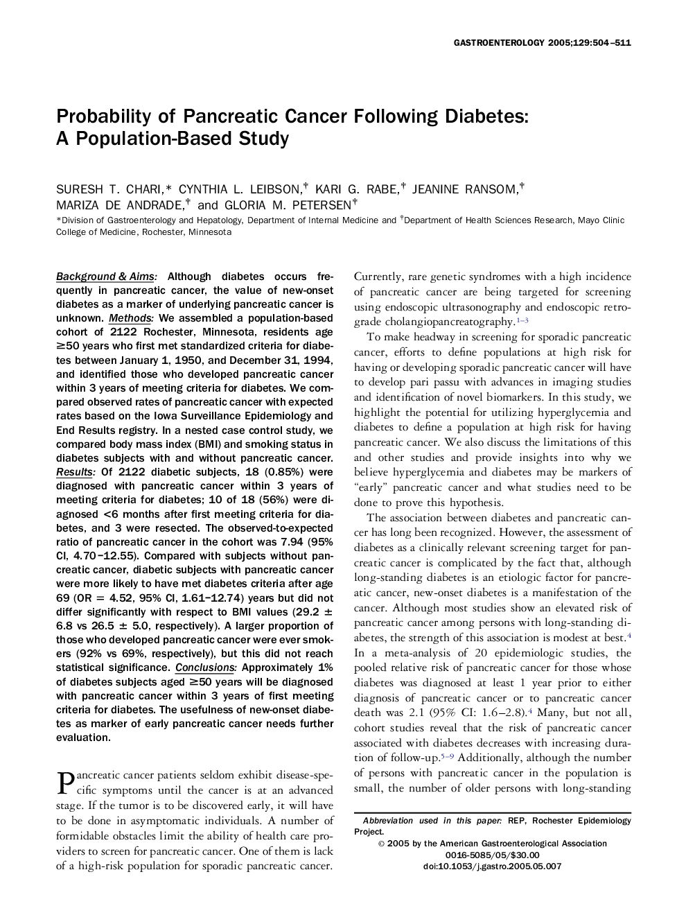 Probability of Pancreatic Cancer Following Diabetes: A Population-Based Study