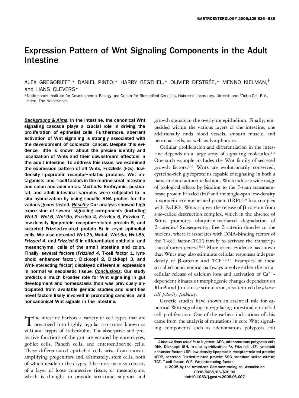 Expression Pattern of Wnt Signaling Components in the Adult Intestine