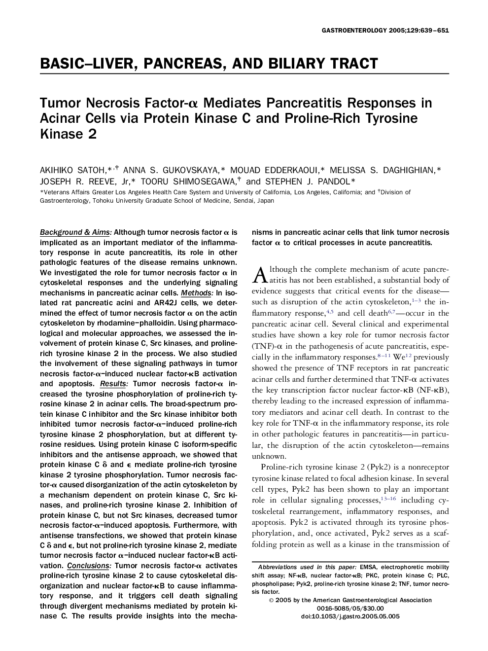Tumor Necrosis Factor-Î± Mediates Pancreatitis Responses in Acinar Cells via Protein Kinase C and Proline-Rich Tyrosine Kinase 2