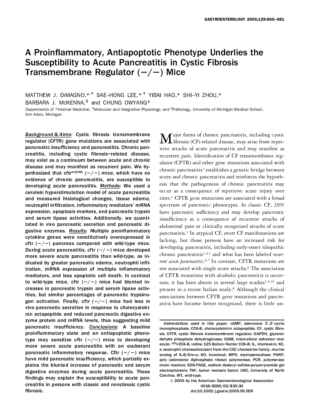 A Proinflammatory, Antiapoptotic Phenotype Underlies the Susceptibility to Acute Pancreatitis in Cystic Fibrosis Transmembrane Regulator (â/â) Mice