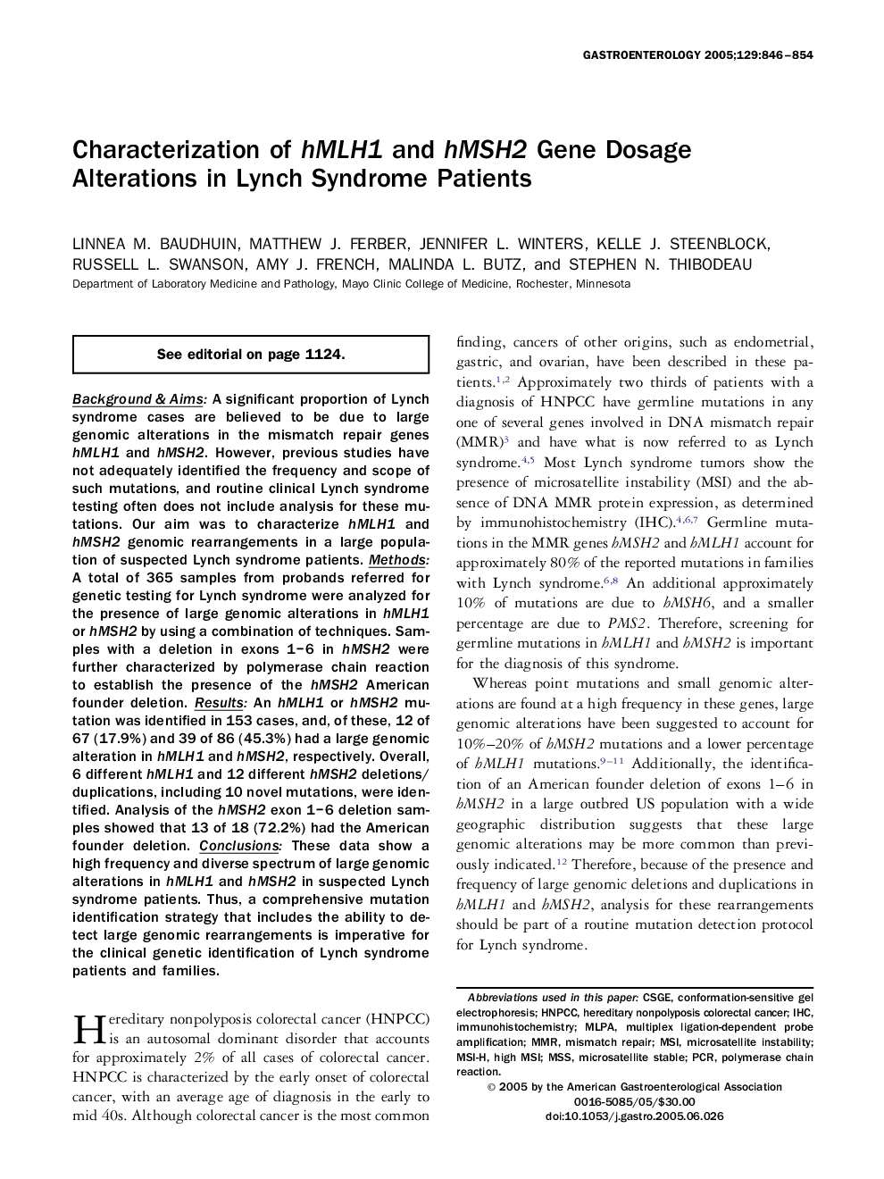 Characterization of hMLH1 and hMSH2 Gene Dosage Alterations in Lynch Syndrome Patients