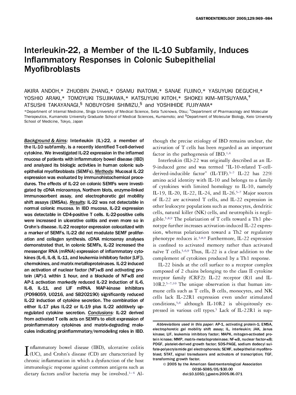 Interleukin-22, a Member of the IL-10 Subfamily, Induces Inflammatory Responses in Colonic Subepithelial Myofibroblasts