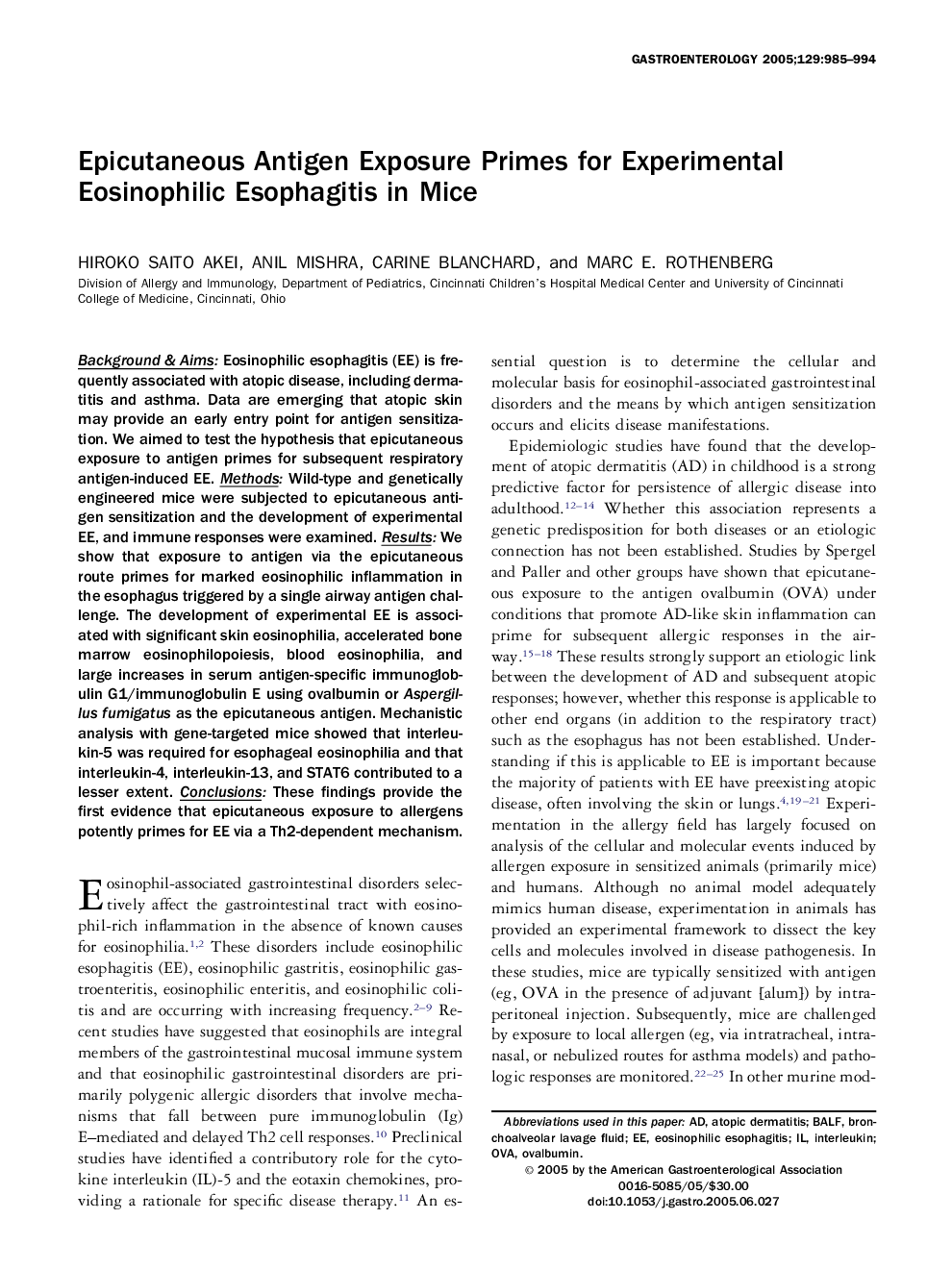 Epicutaneous Antigen Exposure Primes for Experimental Eosinophilic Esophagitis in Mice