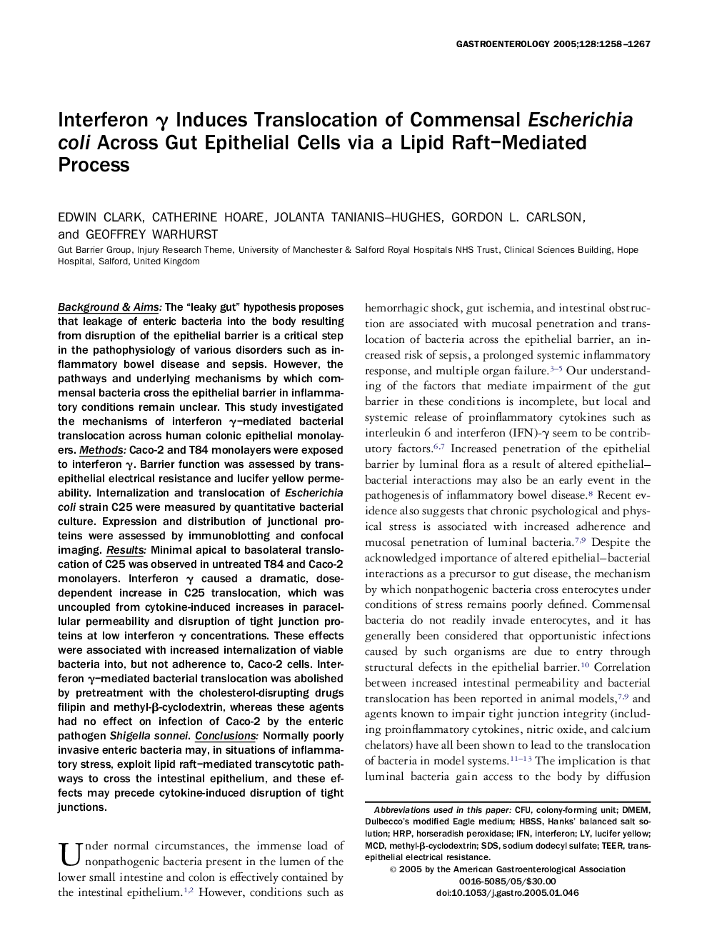 Interferon Î³ Induces Translocation of Commensal Escherichia coli Across Gut Epithelial Cells via a Lipid Raft--Mediated Process