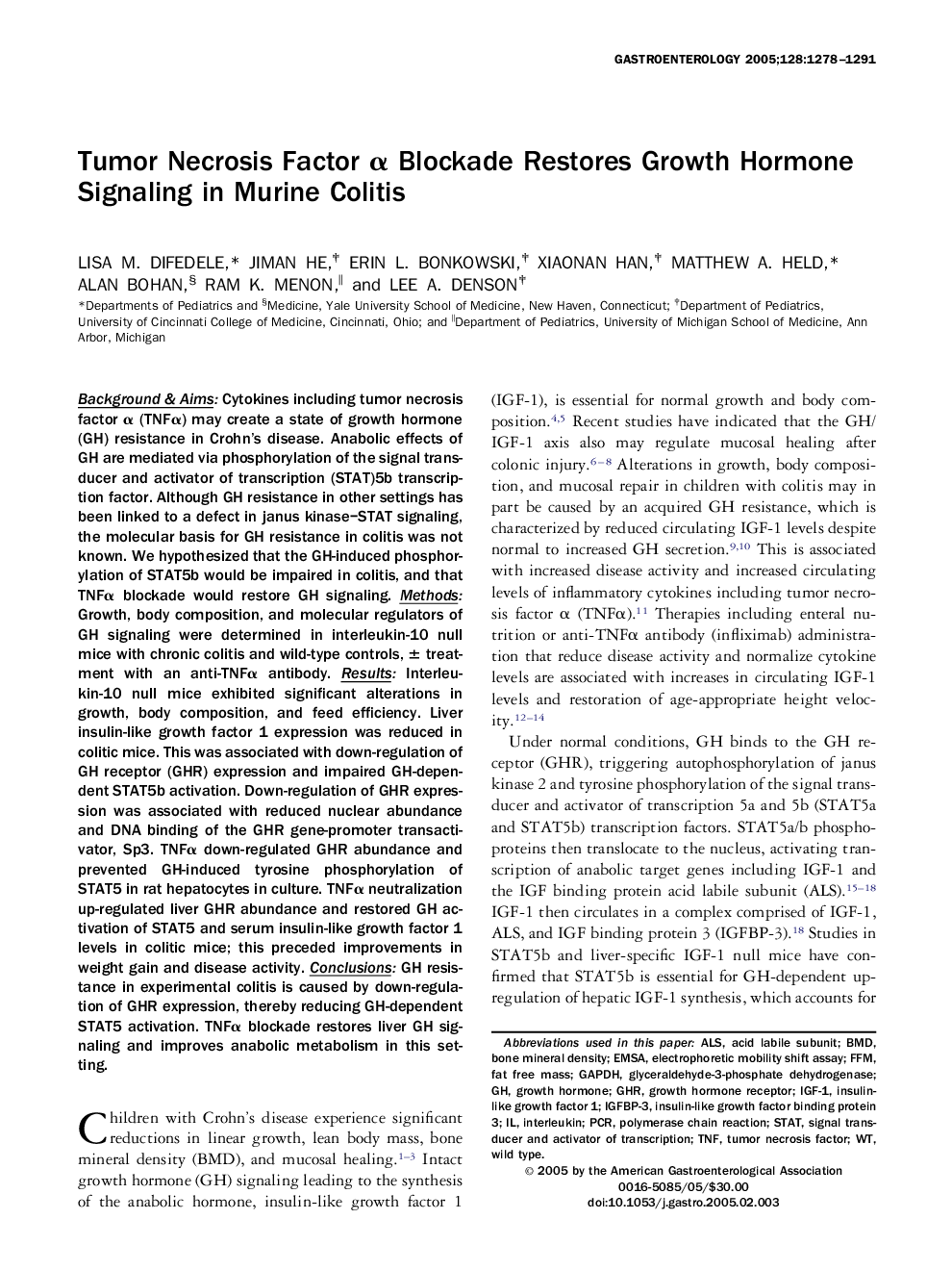 Tumor Necrosis Factor Î± Blockade Restores Growth Hormone Signaling in Murine Colitis