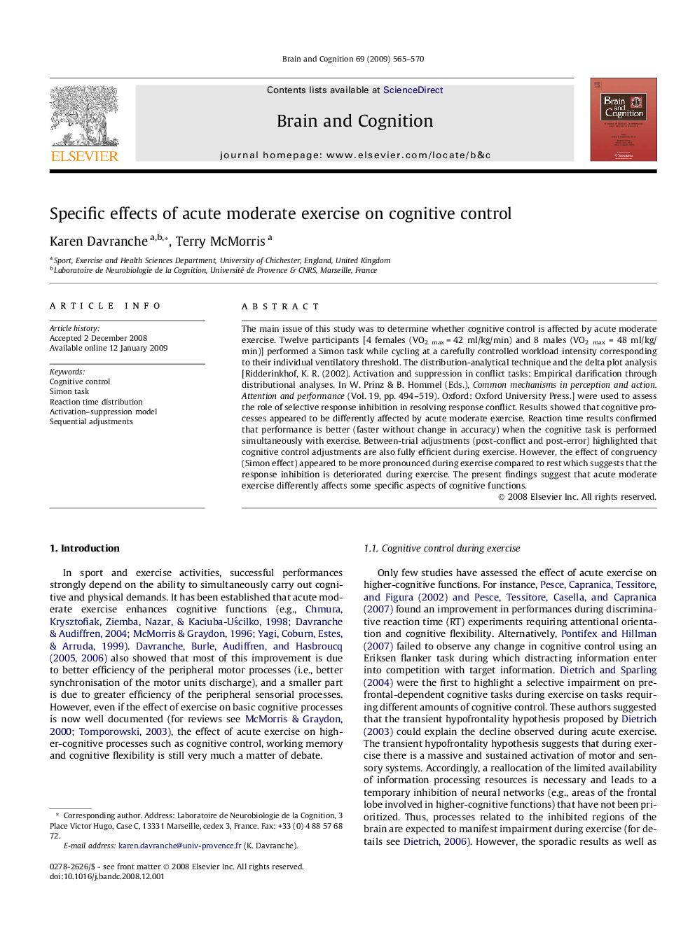 Specific effects of acute moderate exercise on cognitive control