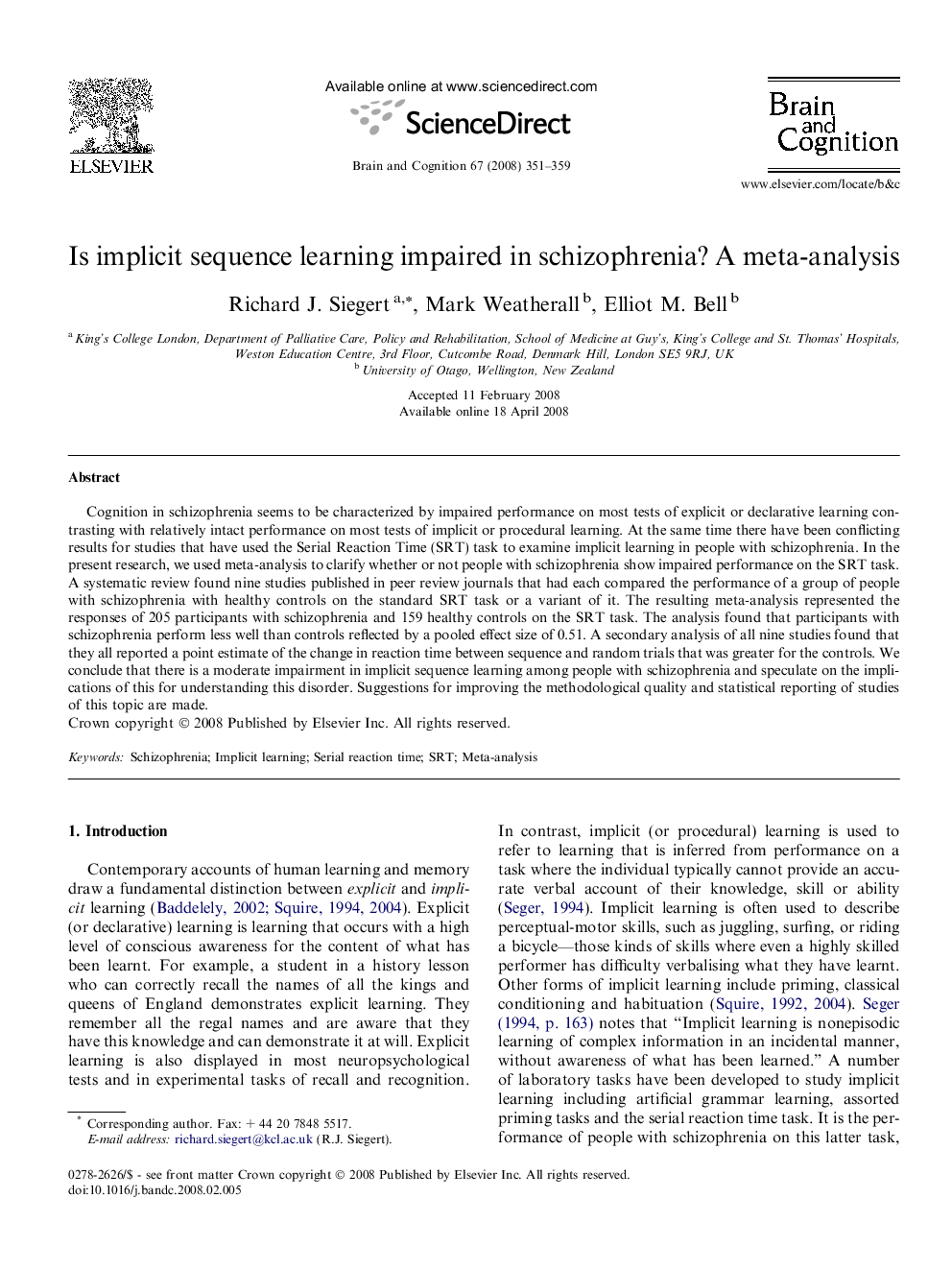 Is implicit sequence learning impaired in schizophrenia? A meta-analysis