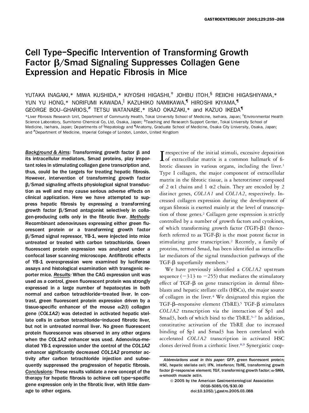 Cell Type-Specific Intervention of Transforming Growth Factor Î²/Smad Signaling Suppresses Collagen Gene Expression and Hepatic Fibrosis in Mice