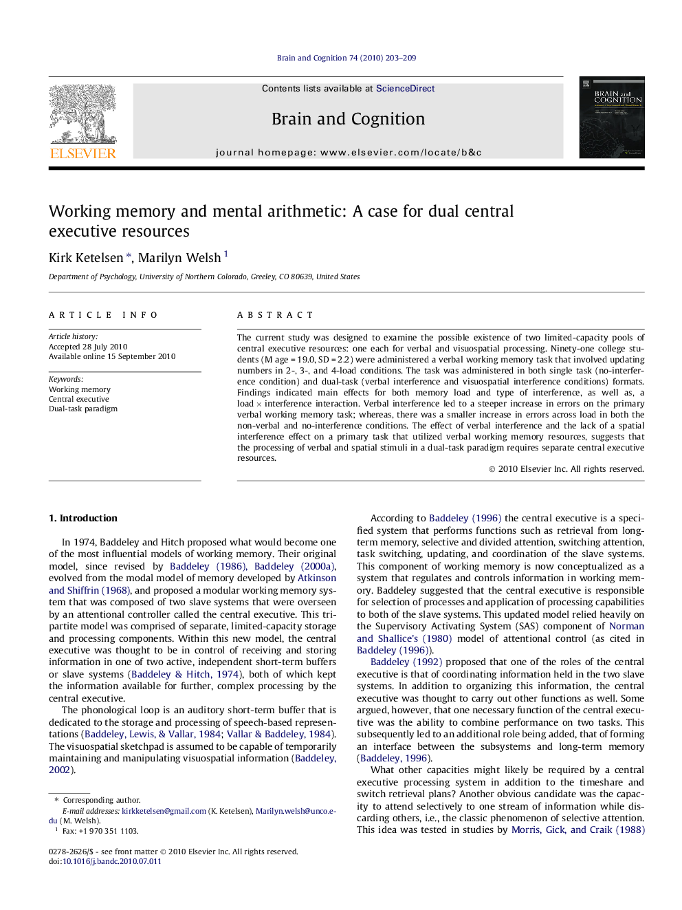 Working memory and mental arithmetic: A case for dual central executive resources