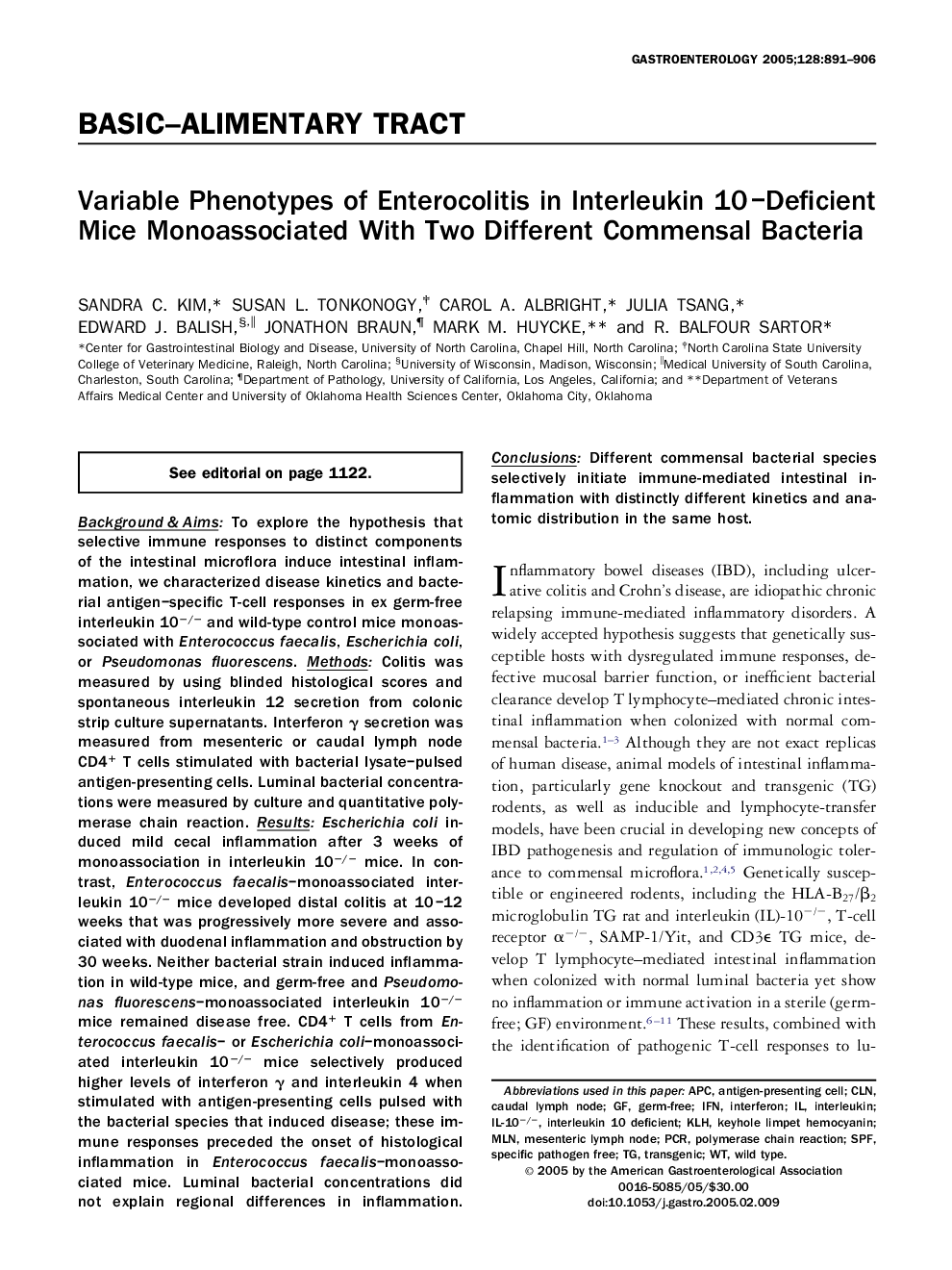 Variable phenotypes of enterocolitis in interleukin 10-deficient mice monoassociated with two different commensal bacteria