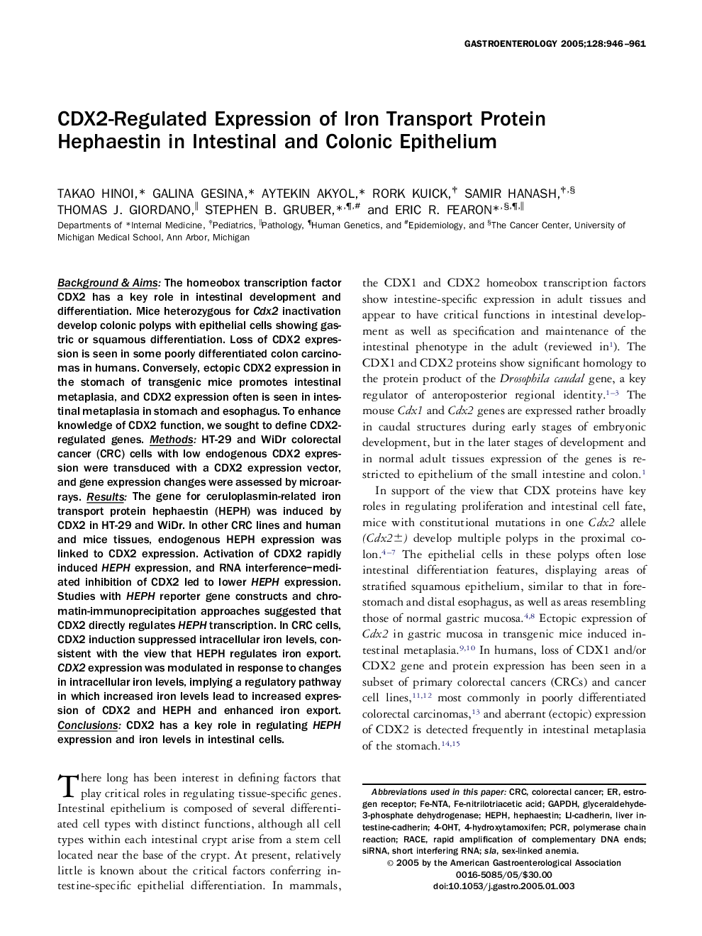 CDX2-regulated expression of iron transport protein hephaestin in intestinal and colonic epithelium