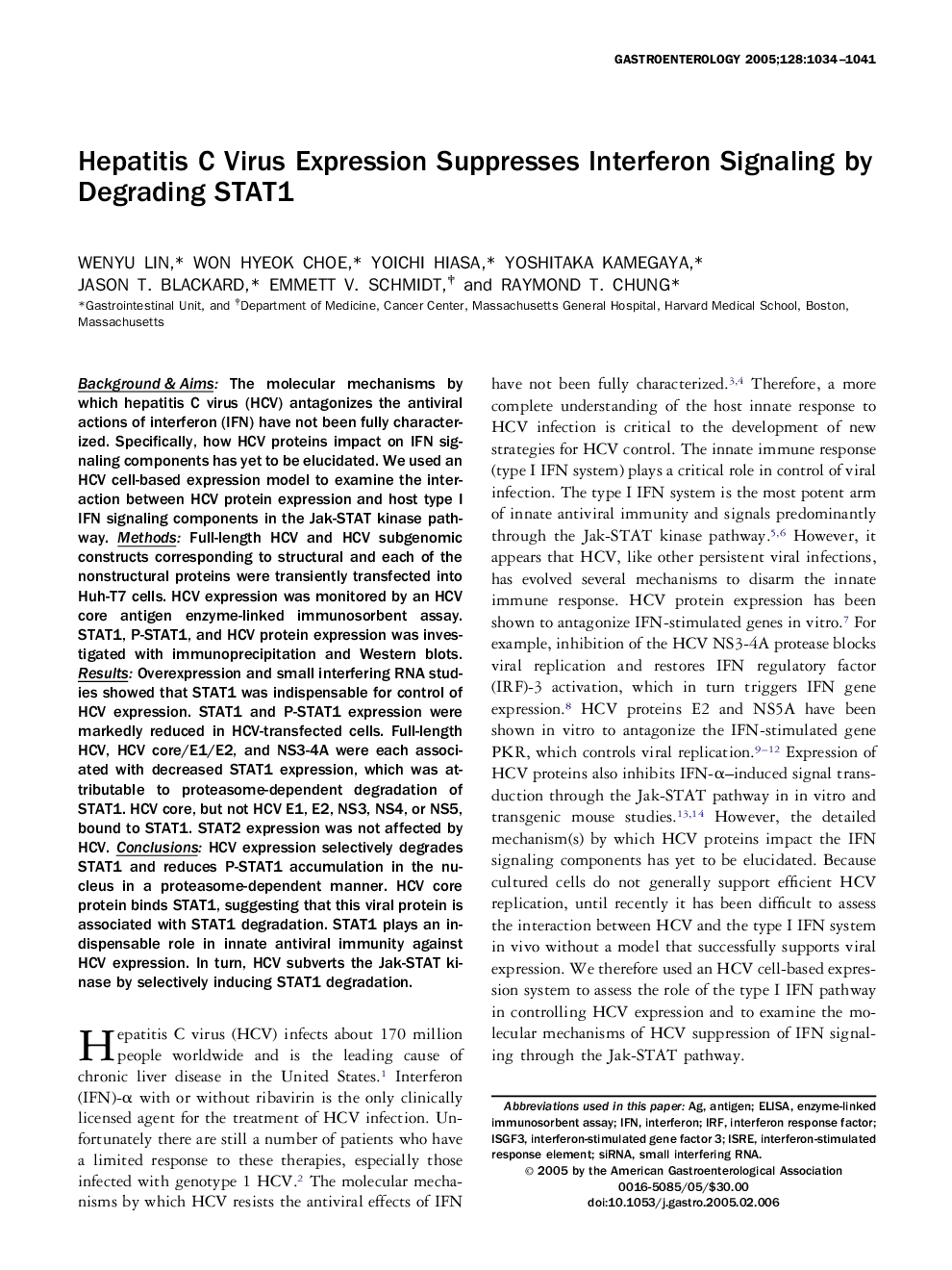 Hepatitis C virus expression suppresses interferon signaling by degrading STAT1