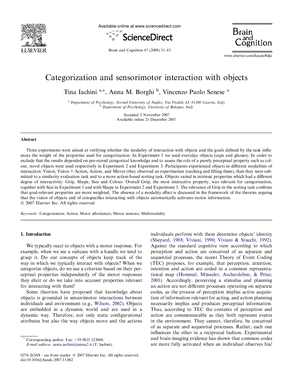 Categorization and sensorimotor interaction with objects