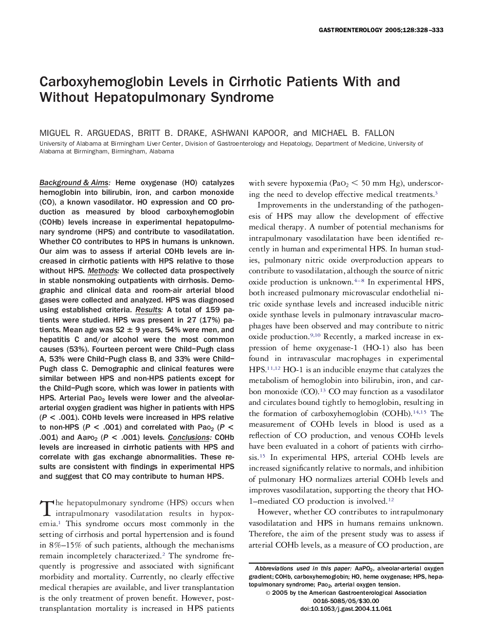 Carboxyhemoglobin levels in cirrhotic patients with and without hepatopulmonary syndrome