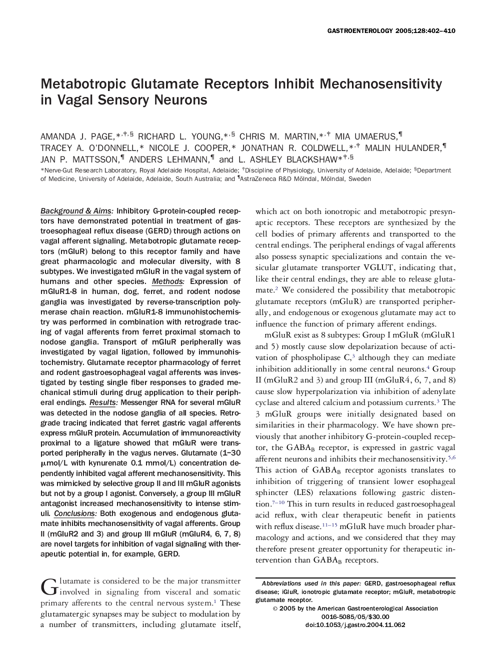 Metabotropic glutamate receptors inhibit mechanosensitivity in vagal sensory neurons