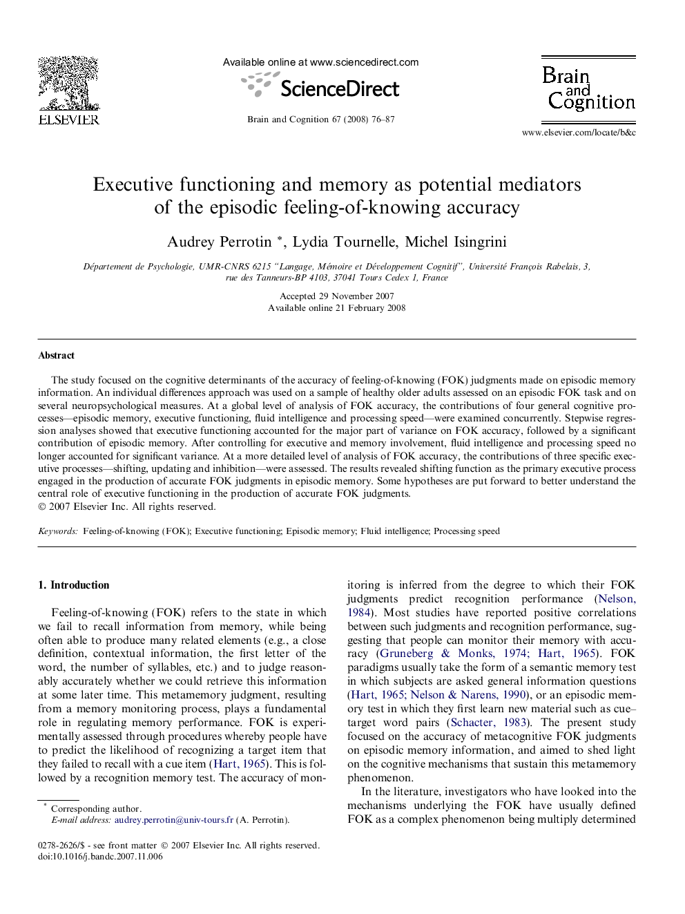 Executive functioning and memory as potential mediators of the episodic feeling-of-knowing accuracy