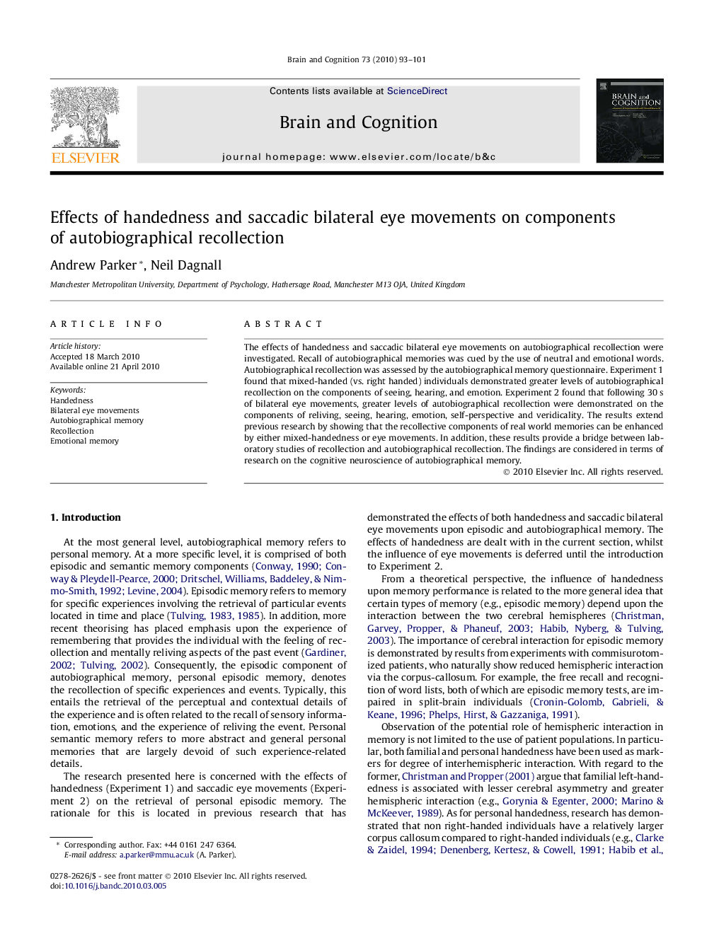 Effects of handedness and saccadic bilateral eye movements on components of autobiographical recollection