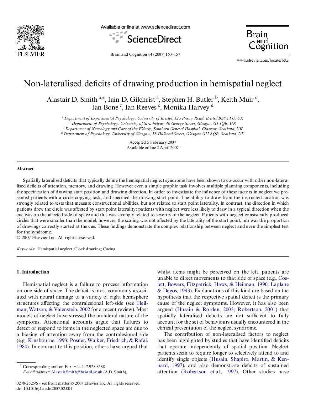 Non-lateralised deficits of drawing production in hemispatial neglect