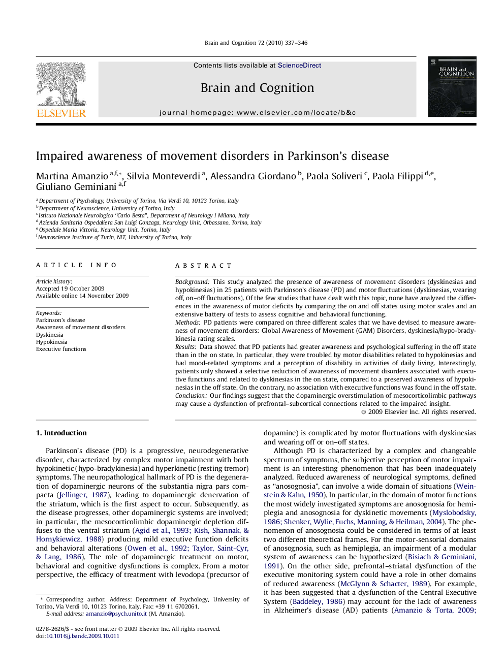 Impaired awareness of movement disorders in Parkinson’s disease