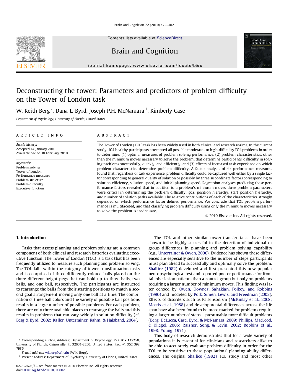 Deconstructing the tower: Parameters and predictors of problem difficulty on the Tower of London task