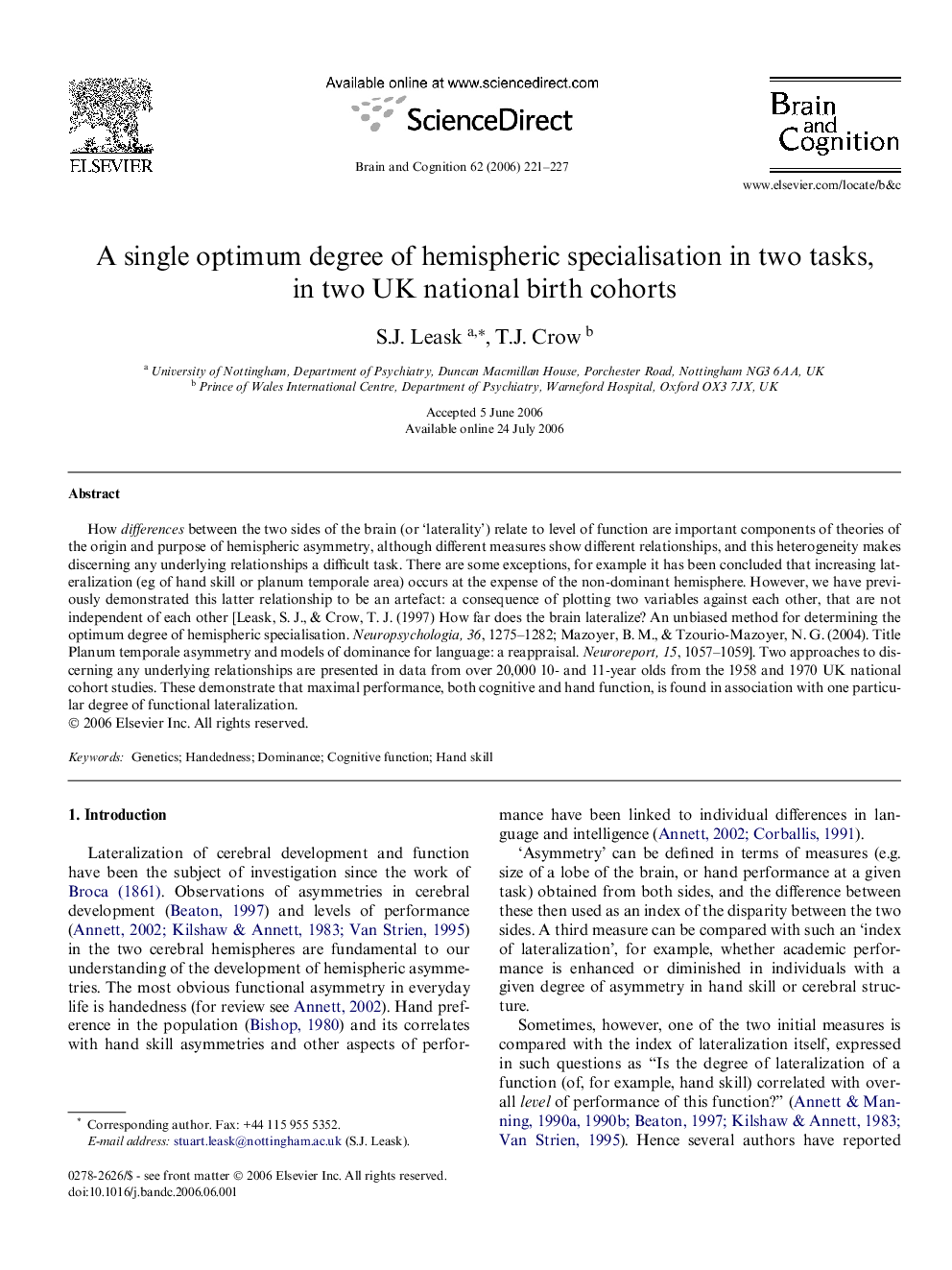 A single optimum degree of hemispheric specialisation in two tasks, in two UK national birth cohorts