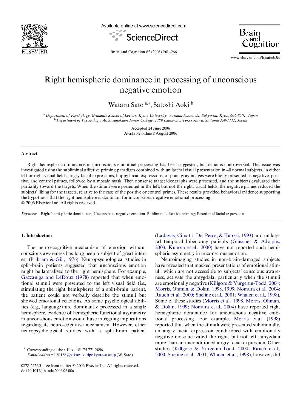 Right hemispheric dominance in processing of unconscious negative emotion