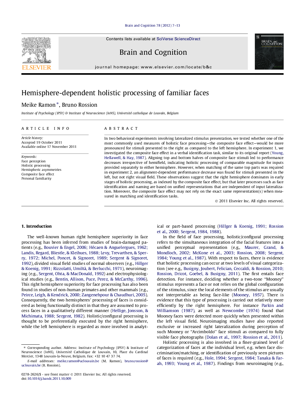 Hemisphere-dependent holistic processing of familiar faces