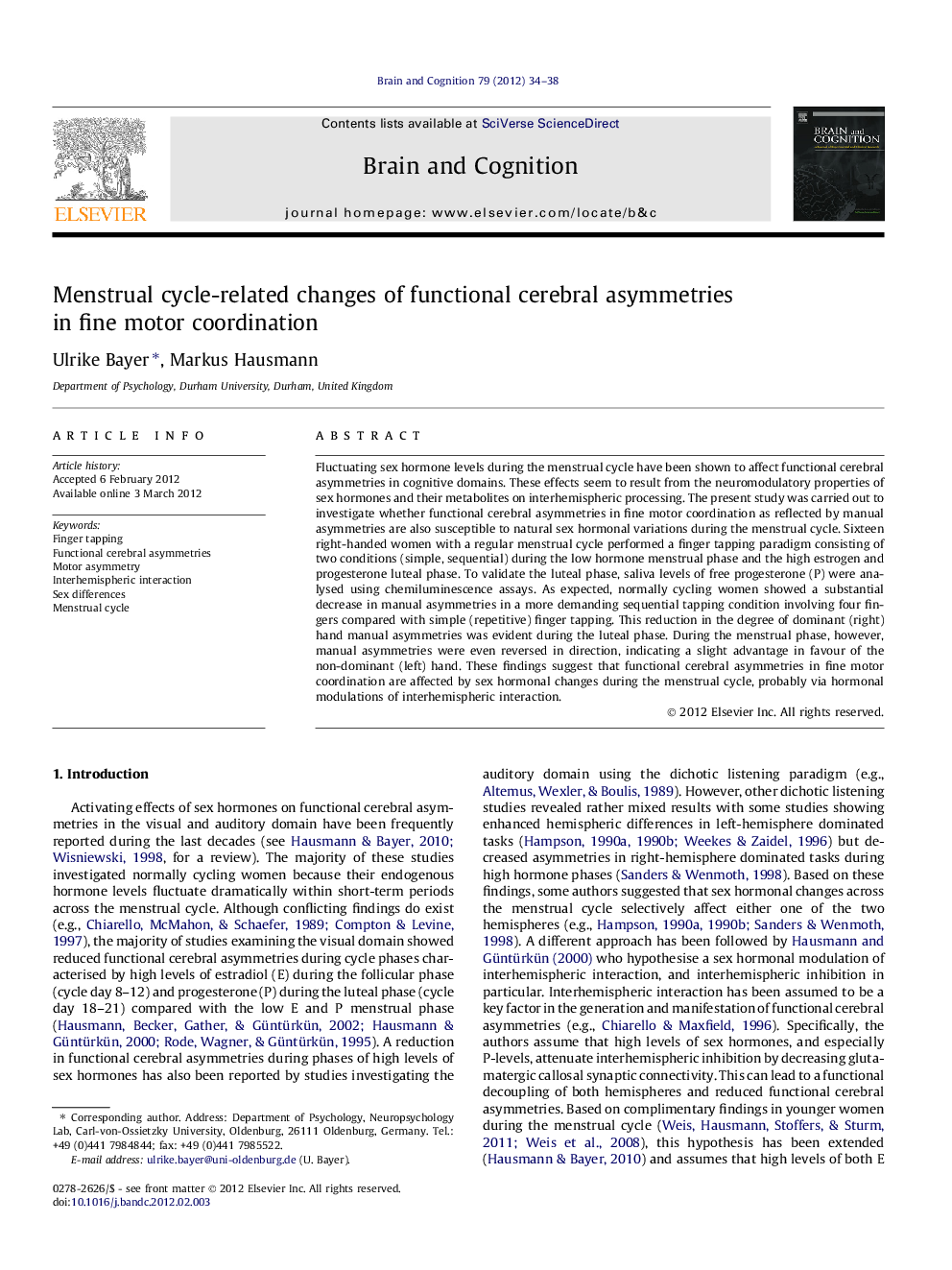 Menstrual cycle-related changes of functional cerebral asymmetries in fine motor coordination