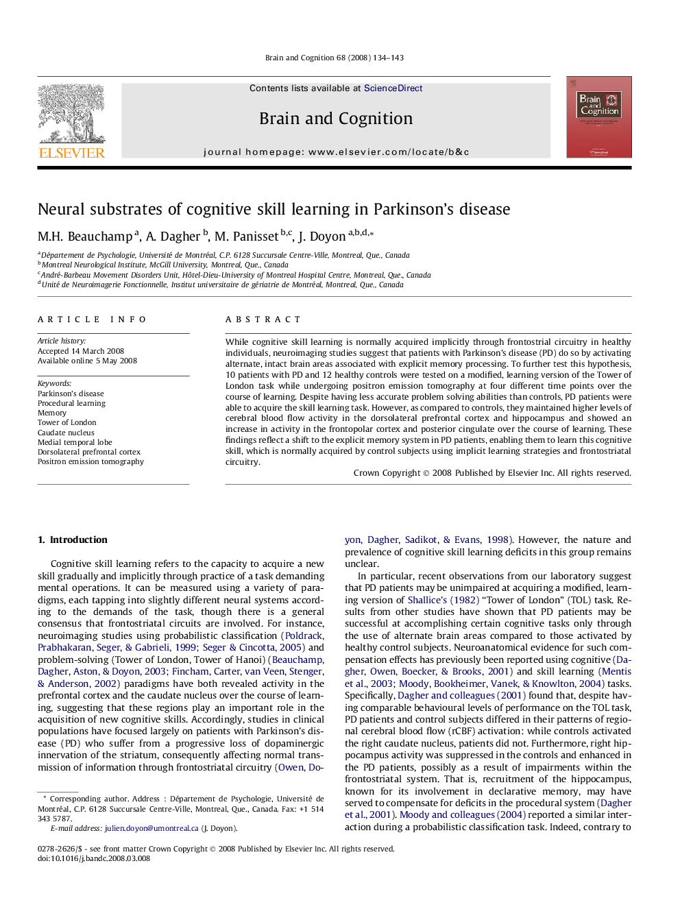 Neural substrates of cognitive skill learning in Parkinson’s disease