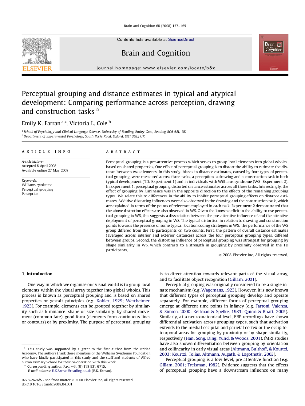 Perceptual grouping and distance estimates in typical and atypical development: Comparing performance across perception, drawing and construction tasks 