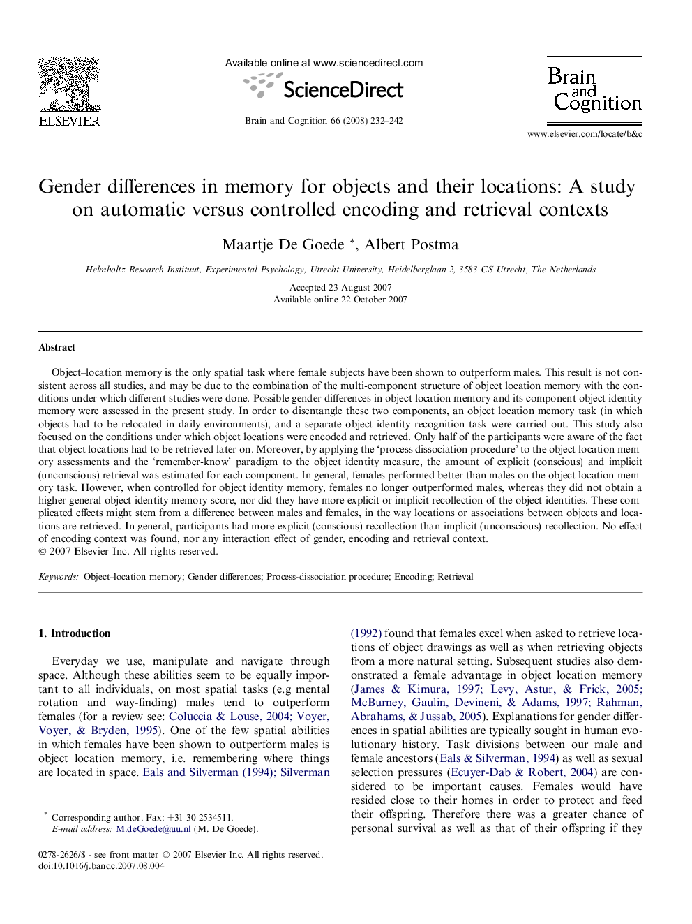 Gender differences in memory for objects and their locations: A study on automatic versus controlled encoding and retrieval contexts