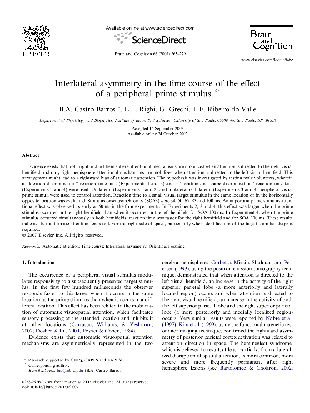 Interlateral asymmetry in the time course of the effect of a peripheral prime stimulus