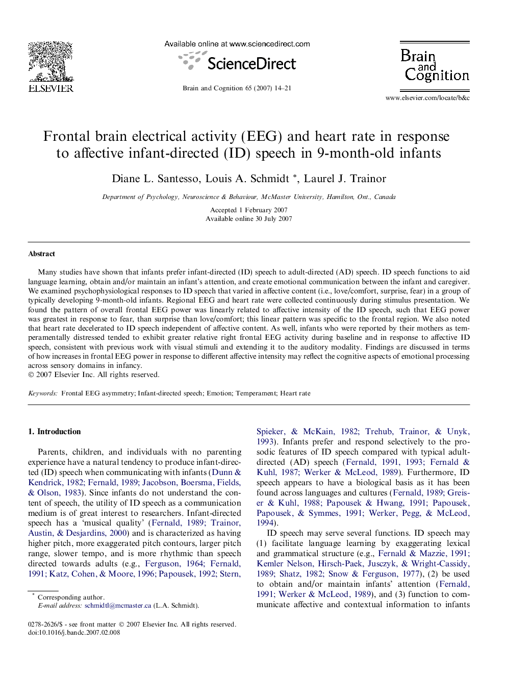 Frontal brain electrical activity (EEG) and heart rate in response to affective infant-directed (ID) speech in 9-month-old infants