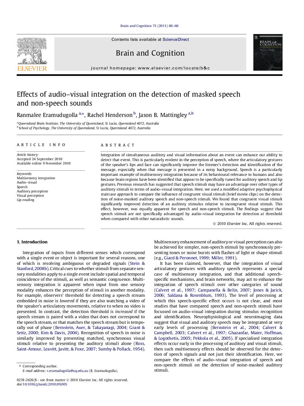 Effects of audio–visual integration on the detection of masked speech and non-speech sounds