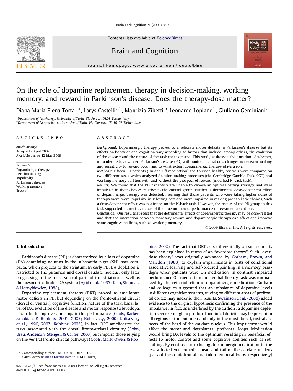 On the role of dopamine replacement therapy in decision-making, working memory, and reward in Parkinson’s disease: Does the therapy-dose matter?