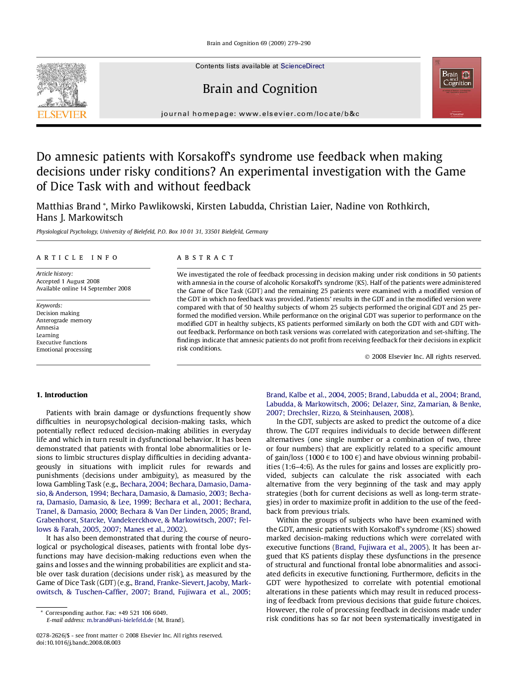 Do amnesic patients with Korsakoff’s syndrome use feedback when making decisions under risky conditions? An experimental investigation with the Game of Dice Task with and without feedback