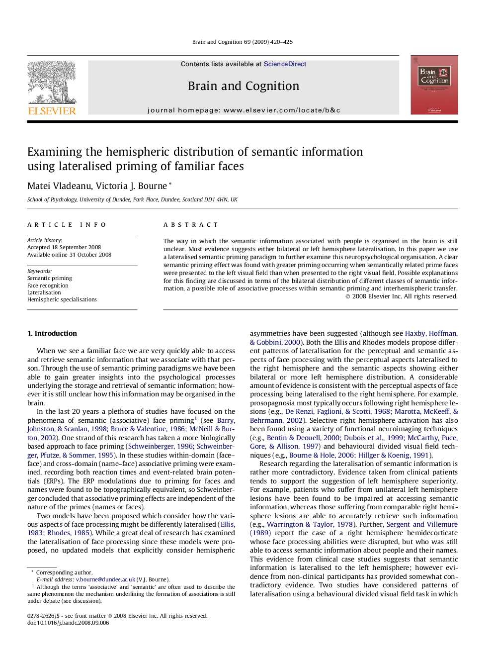 Examining the hemispheric distribution of semantic information using lateralised priming of familiar faces