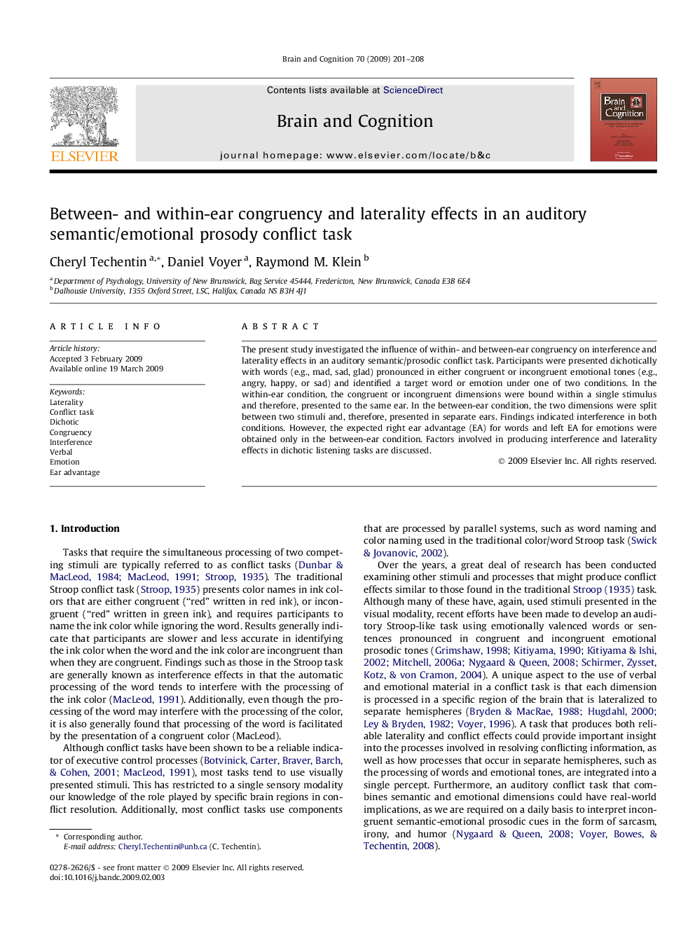 Between- and within-ear congruency and laterality effects in an auditory semantic/emotional prosody conflict task