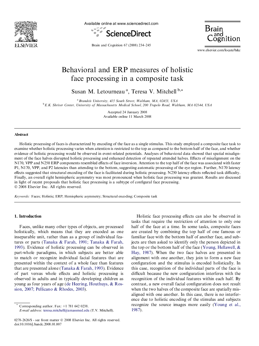 Behavioral and ERP measures of holistic face processing in a composite task