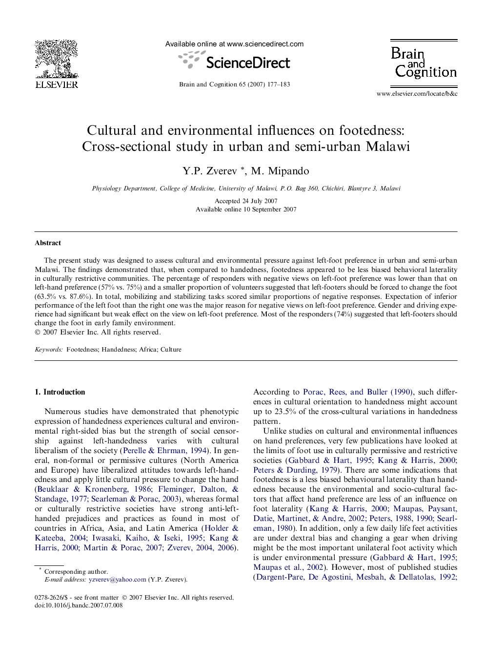 Cultural and environmental influences on footedness: Cross-sectional study in urban and semi-urban Malawi